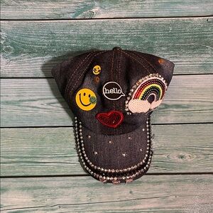 Embellished Denim Cap with Patches